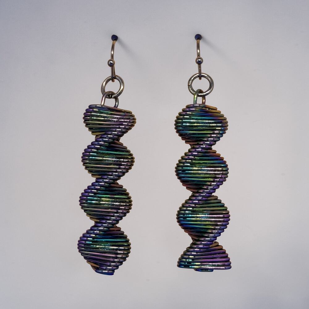 Handmade Iridescent Spiral Dangle Earrings NIP | Rainbow Coil Drop 2β Boho - Picture 4 of 5